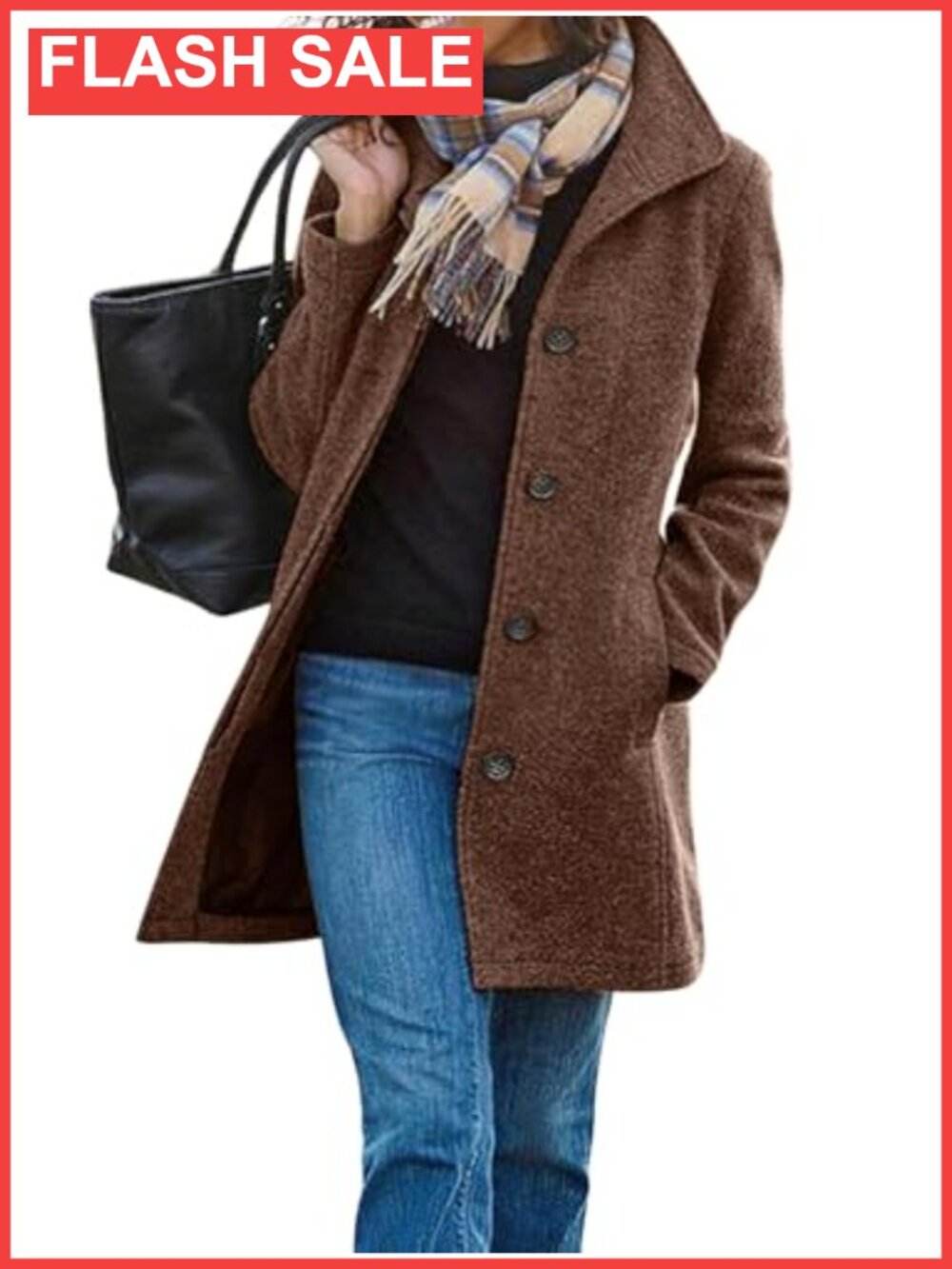 Wool Pea Coat Single Breasted Stand Collar Mid Long with Pockets